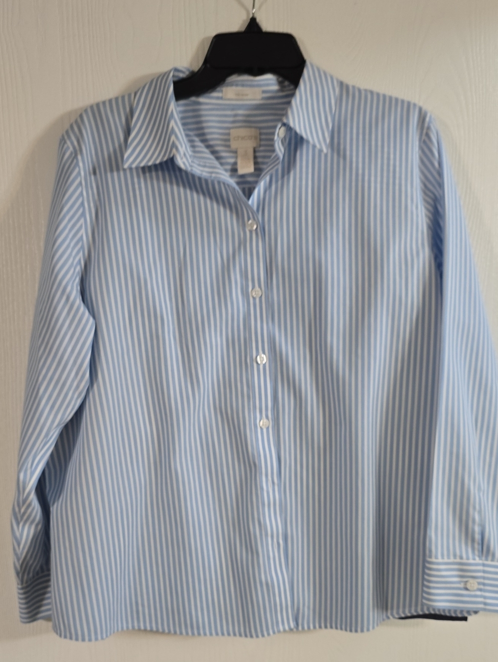 Chico's Blue and White Striped Button-Down Shirt